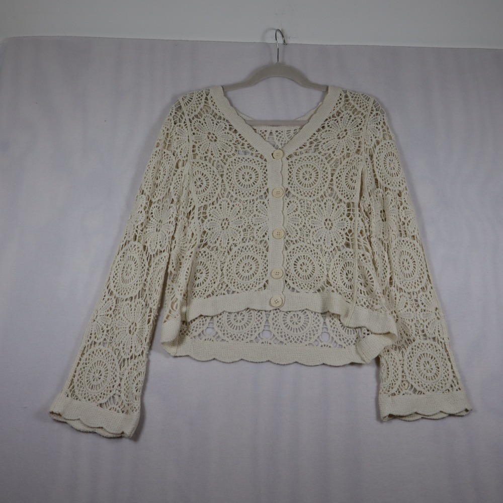 Crochet Knit Cardigan Size Medium White Boho Hippie Cottagecore 70s Granola Fall